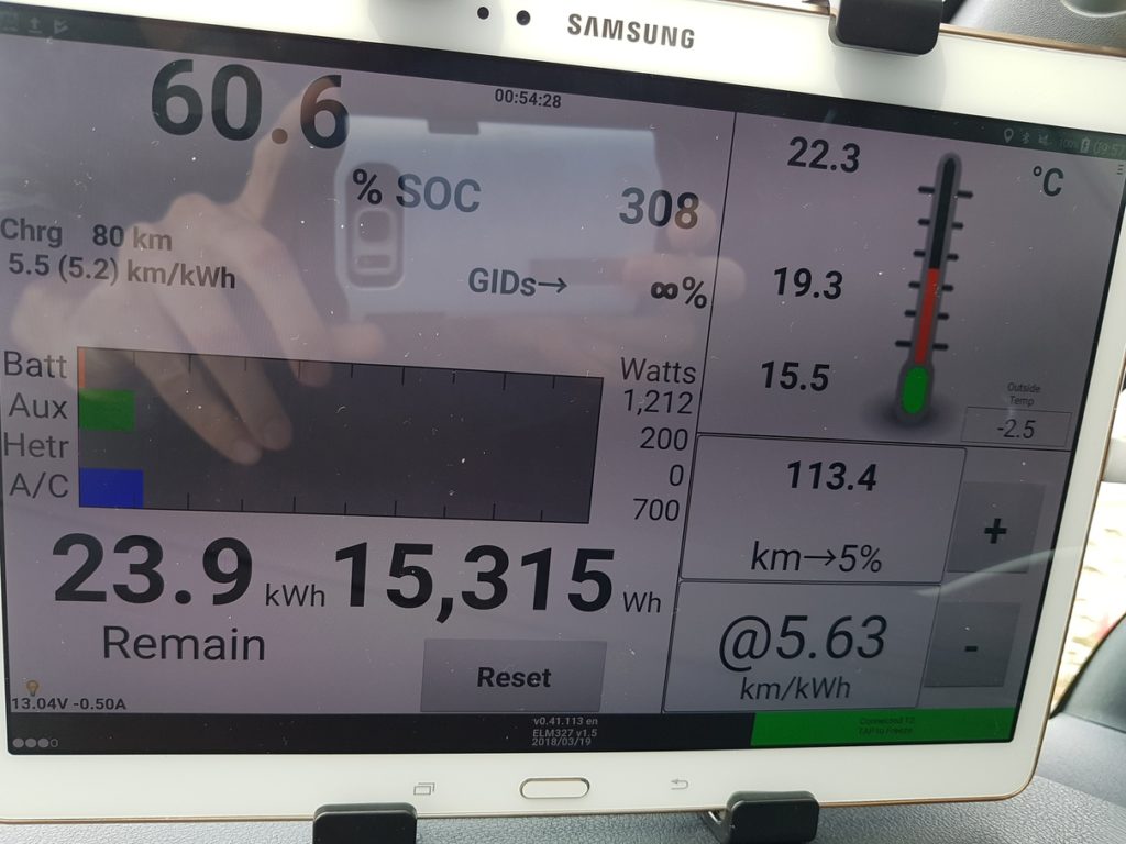 Ankunft in Brunn am Gebirge, Leaf Spy Daten. Bei 23,9kWh übriger Akkukapazität sollte der Heimweg machbar sein.